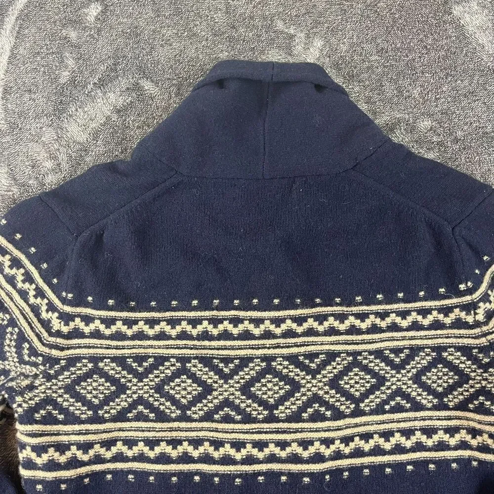 J. Crew 100% Lambswool Collared Cardigan Navy Blue Fair Isle Men's M Fisherman